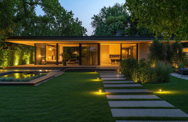 Obraz premium A modern house with a garden and an illuminated path, landscape design, lighting in the yard, a lawn with an artificial pond, plants around the edge of the grass