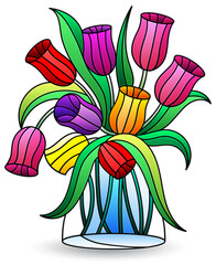 A stained glass illustration with still life, vase with tulip flowers isolated on a white background