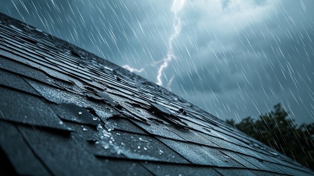 Roof with damaged shingles during heavy rain and lightning storm, illustrating severe weather conditions and structural vulnerability.