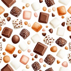 Fototapeta premium Watercolor seamless pattern of chocolate marshmallows, isolated on a white background, featuring a creative and artistic design.