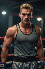 A determined young boxer with a prominent jaw trains in a dimly lit gym surrounded by boxing rings and equipment.