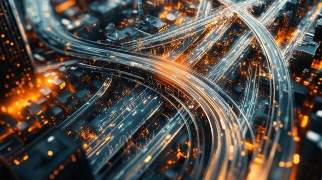 Abstract aerial view of an intricate network of highways and city lights.