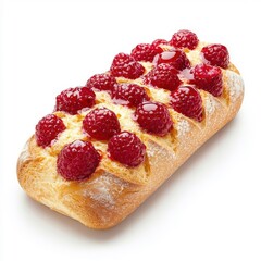 Bread with raspberry topping isolated on a white background, highlighting its vibrant color and texture.