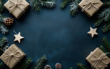 Minimalist Christmas scene with gold-wrapped gifts and pine branches on a dark blue background, creating an elegant holiday atmosphere.