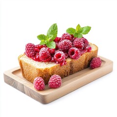 Bread with raspberry topping on a wooden tray, isolated on a white background, adding a rustic and inviting touch.
