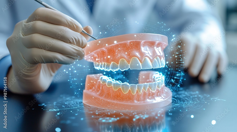 Poster a dentist using a 3d hologram of a patients teeth and jaw to plan orthodontic treatments with enhanc