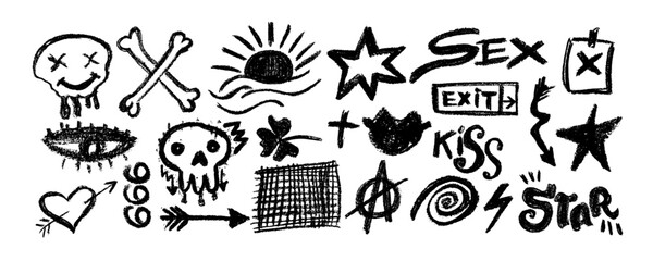 Collection with charcoal graffiti doodle punk and geometric shapes . Hand drawn abstract scribbles and squiggles, creative various shapes, charcoal drawn icons.