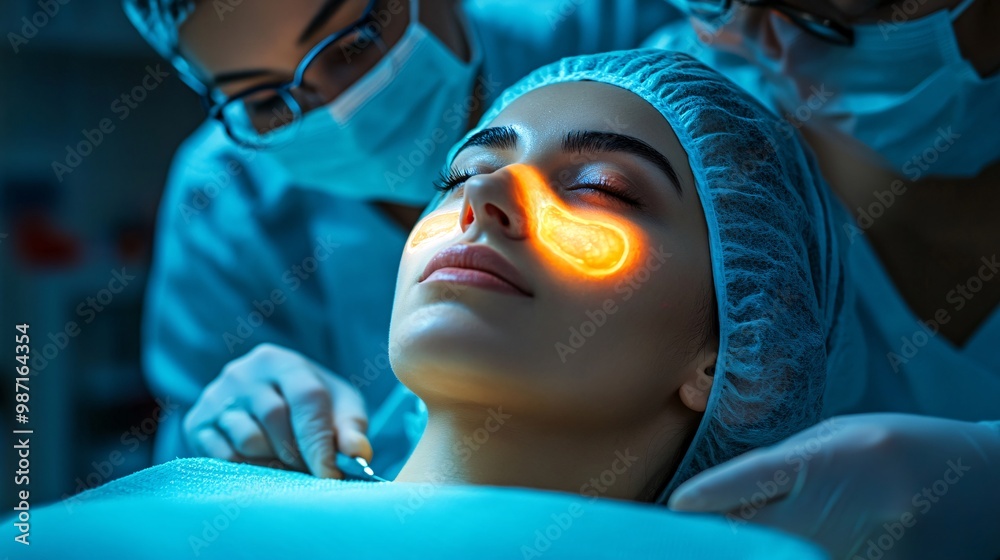 Poster dermatology specialists analyzing a 3d hologram of skin to detect underlying skin problems and plan 