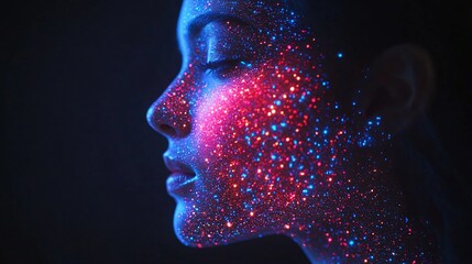 Dermatology specialists analyzing a 3D hologram of skin to detect underlying skin problems and plan detailed treatment Large space for text in center Stock Photo with copy space