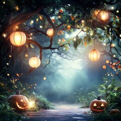 Halloween decorations featuring glowing pumpkins string lights