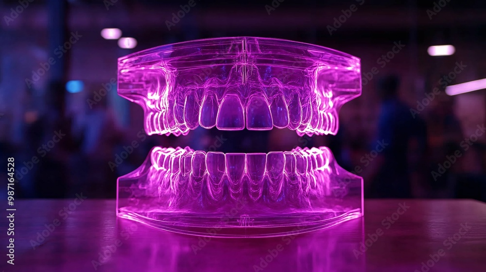 Poster Dentists using holographic technology to examine a patients dental structure and prepare for an intricate jaw surgery Large space for text in center Stock Photo with copy space