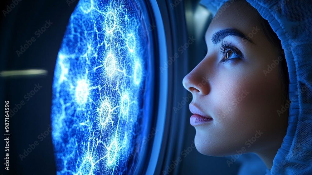 Poster a dermatologist viewing a hologram of skin cells to diagnose conditions beneath the surface with ext