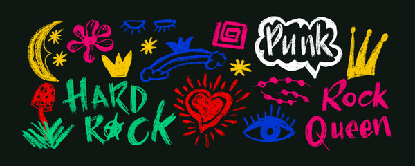 Vector set charcoal graffiti doodle punk and girly shapes . Hand drawn abstract scribbles and squiggles, creative various shapes, pencil drawn icons. Scribbles, scrawls, stars, crown,  punk, rock, 