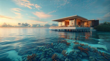 Obraz premium Luxurious Overwater Bungalow at Sunset with Vibrant Coral Reef and Calm Ocean
