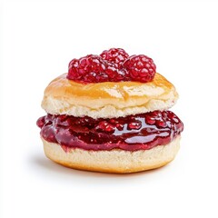Oozing raspberry sauce on bun bread, isolated on a white background, emphasizing the rich and gooey texture.