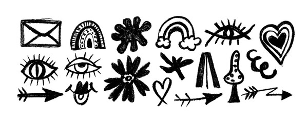 Vector set with various geometric trendy shapes. Bold brush drawn objects ornament. Arrow, circles, eyes, swirls, asterisk and curved bold lines. Hand drawn abstract pattern.