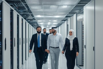 Fototapeta premium A group of people are walking down a hallway in a building. The people are dressed in business attire, and they appear to be in a hurry. Scene is one of urgency and professionalism
