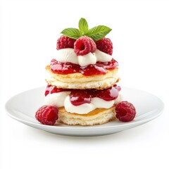 Oozing raspberry sauce on shortcake, isolated on a white background, emphasizing the gooey and fresh texture.