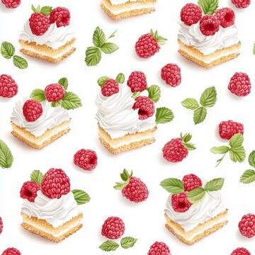 Watercolor seamless pattern of raspberry shortcake, isolated on a white background, offering an artistic and creative depiction.
