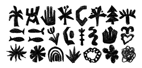 Collection with african, aztec pattern elements, symbols, icons, hand-drawn in doodle style. Set of abstract african tribal geometric shapes. Ancient ethnic traditional symbols and ornate signs.
