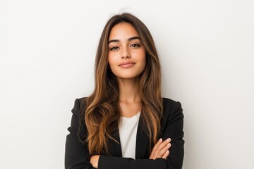 Fototapeta premium A woman with long brown hair is wearing a black suit and white shirt. She is smiling and looking directly at the camera