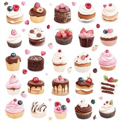 Watercolor seamless pattern of chocolate cakes isolated on white for an artistic flair.