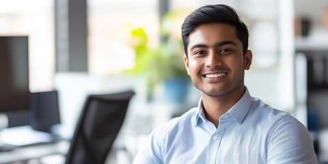 Obraz premium A man is smiling in front of a desk with a laptop and a chair. He is wearing a blue shirt and a white shirt