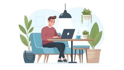 Freelancer, remote work, coffee shop, laptop, flat design, illustration, coffee, work from home, digital nomad, freelance, workspace, white background, professional, productivity, remote office, work-