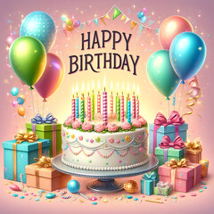Postcard “Happy Birthday” with cake, candles, balloons and gifts