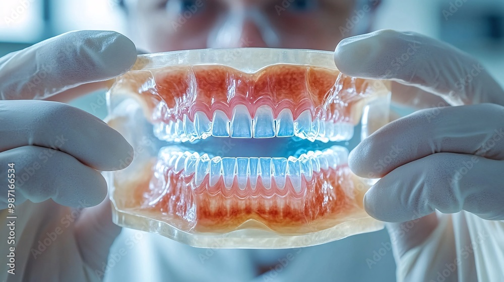 Poster a dental surgeon preparing for jaw reconstruction surgery by examining a detailed holographic displa
