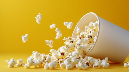 Tipped over popcorn bucket with popcorn spilling out against a vibrant yellow background, creating a dynamic and lively food scene. - Powered by Adobe