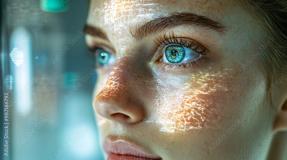 Poster A dermatologist analyzing a holographic model of skin layers to study the progression of a skin disorder and create a treatment plan Large space for text in center Stock Photo with copy space