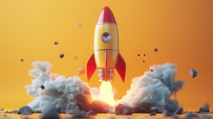 Rocket launch amid clouds in a vibrant blue sky