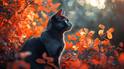 sleek black cat sits gracefully among vibrant orange leaves, creating stunning contrast in this serene autumn scene. soft light enhances cats features, evoking sense of tranquility