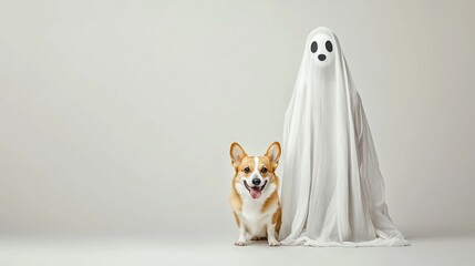 Young woman dressed as a friendly ghost stands next to a smiling corgi dog in a cheerful indoor setting during the daytime