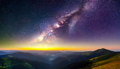 Night landscape with colorful Milky Way and yellow light at mountains. Starry sky with hills 