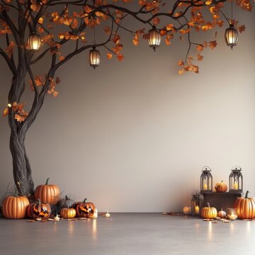 Halloween decorations featuring glowing pumpkins string lights
