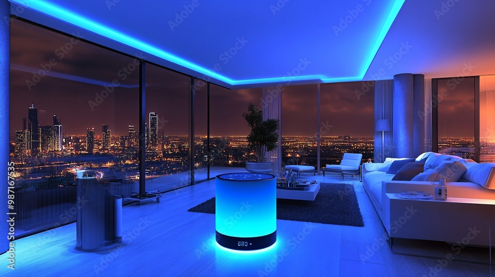 Aufkleber A sleek living room where voice commands control the lighting sound system and environment creating a comfortable and connected atmosphere Large space for text in center Stock Photo with copy space