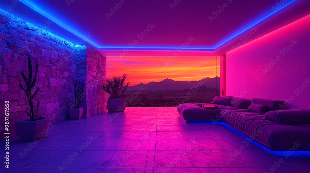 Poster A sleek living room where voice commands control the lighting sound system and environment creating a comfortable and connected atmosphere Large space for text in center Stock Photo with copy space