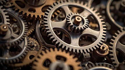 A close-up view of intricate metal gears interlocking and forming a mechanical assembly.