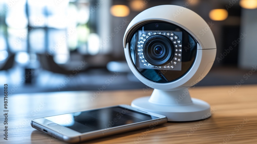 Poster A smart home security system displayed on a smartphone showing real-time camera feeds and alerts providing peace of mind for homeowners Large space for text in center Stock Photo with copy space