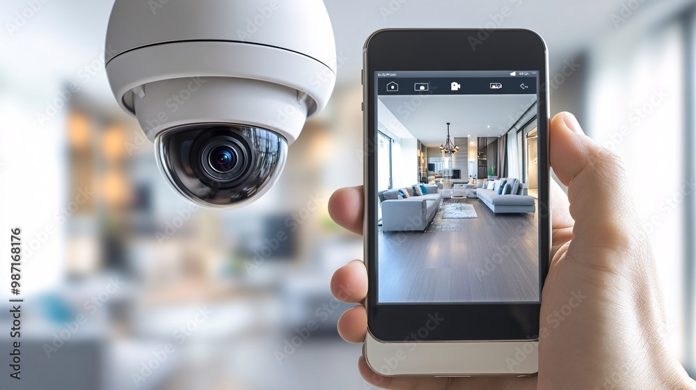 Poster A smart home security system displayed on a smartphone showing real-time camera feeds and alerts providing peace of mind for homeowners Large space for text in center Stock Photo with copy space