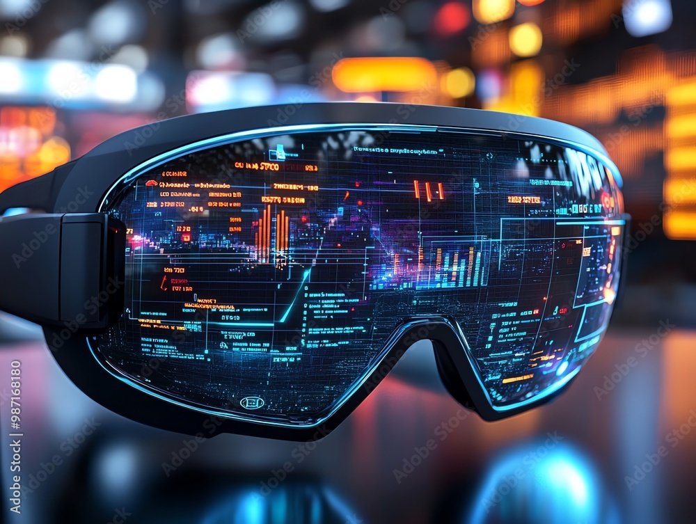 Poster futuristic goggles with a digital display showing data and information.