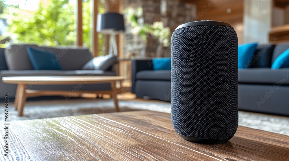 Aufkleber A luxurious living space where smart speakers control the environment including music lighting and temperature through simple voice commands Large space for text in center Stock Photo with copy space