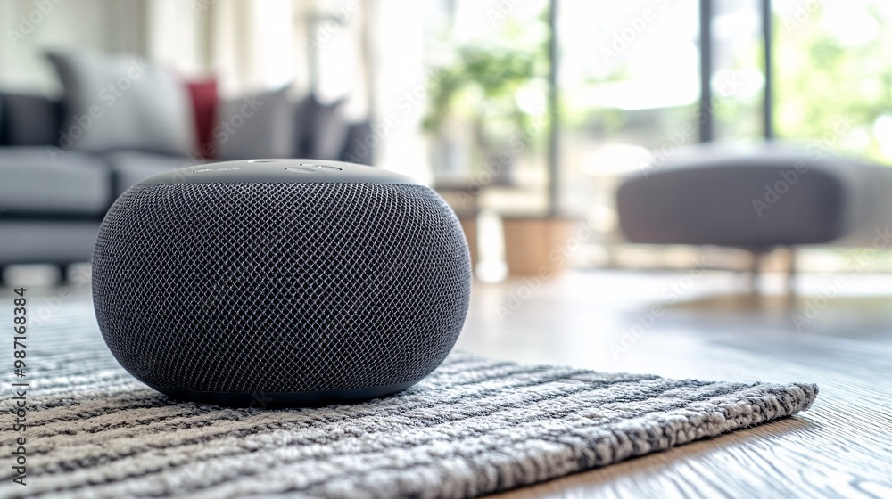 Poster A luxurious living space where smart speakers control the environment including music lighting and temperature through simple voice commands Large space for text in center Stock Photo with copy space