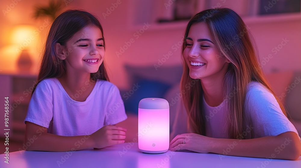 Aufkleber A family adjusting the lighting and security of their home through a smart assistant system while enjoying a relaxed evening at home Large space for text in center Stock Photo with copy space