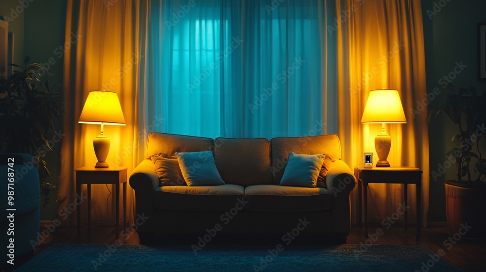 Poster A smart home living room setup featuring an entertainment system lights and thermostat all controlled by a smart hub Large space for text in center Stock Photo with copy space