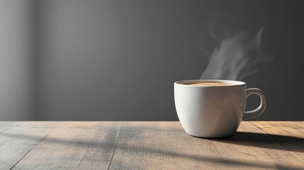 Obraz premium white hot coffee cup with steam on table with grey color background with copy space. 