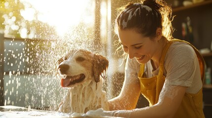 Fototapeta na wymiar Woman joyfully bathes a wet dog under sunlight in cozy home setting, capturing the bond between human and pet in a moment of nurturing care.