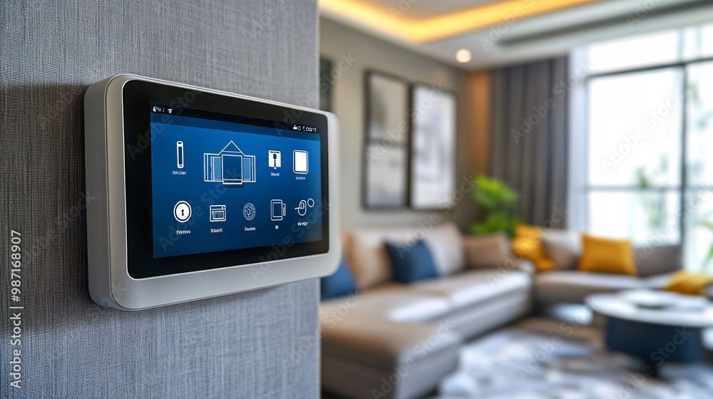 Poster A touchscreen smart home system controlling multiple devices including door locks lights and climate for a completely automated living experience Large space for text in center Stock Photo with copy